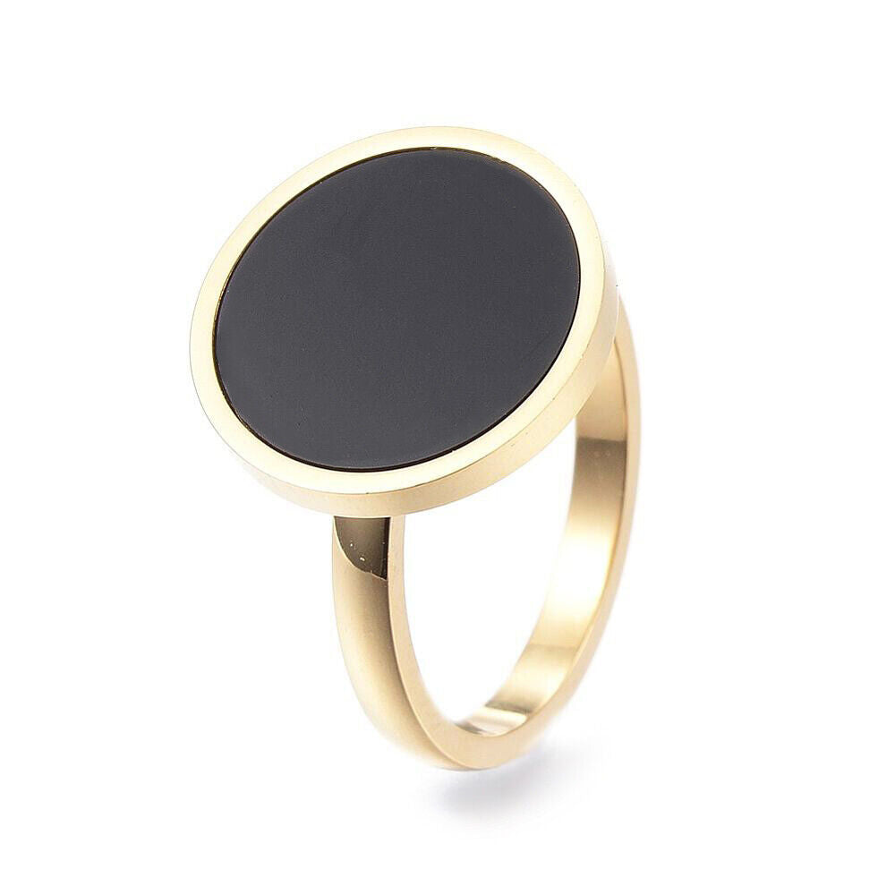 304 Stainless Steel Finger Rings Resin Flat Round Size 6~9 Gold 16~19mm Z690
