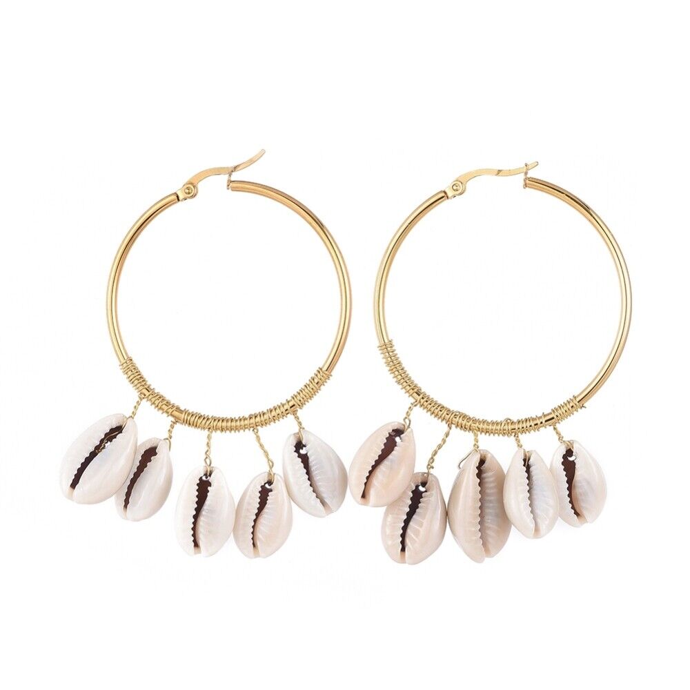 Dangle Earrings Cowrie Shell Stainless Steel Hoop Gold 68x45mm Pin 1mm P601