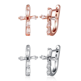 Rose Gold Platinum Plated Earrings AAA Zirconia Latch Back Cross .4" L274