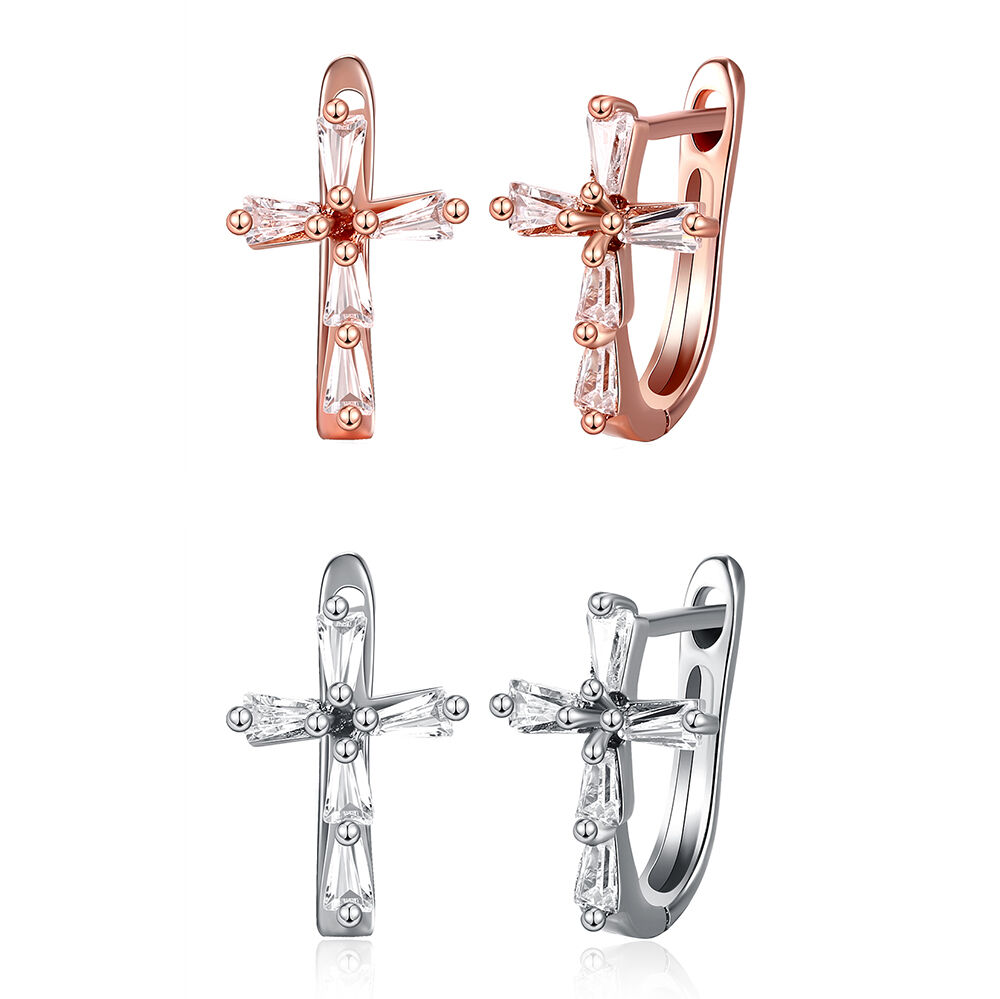 Rose Gold Platinum Plated Earrings AAA Zirconia Latch Back Cross .4" L274