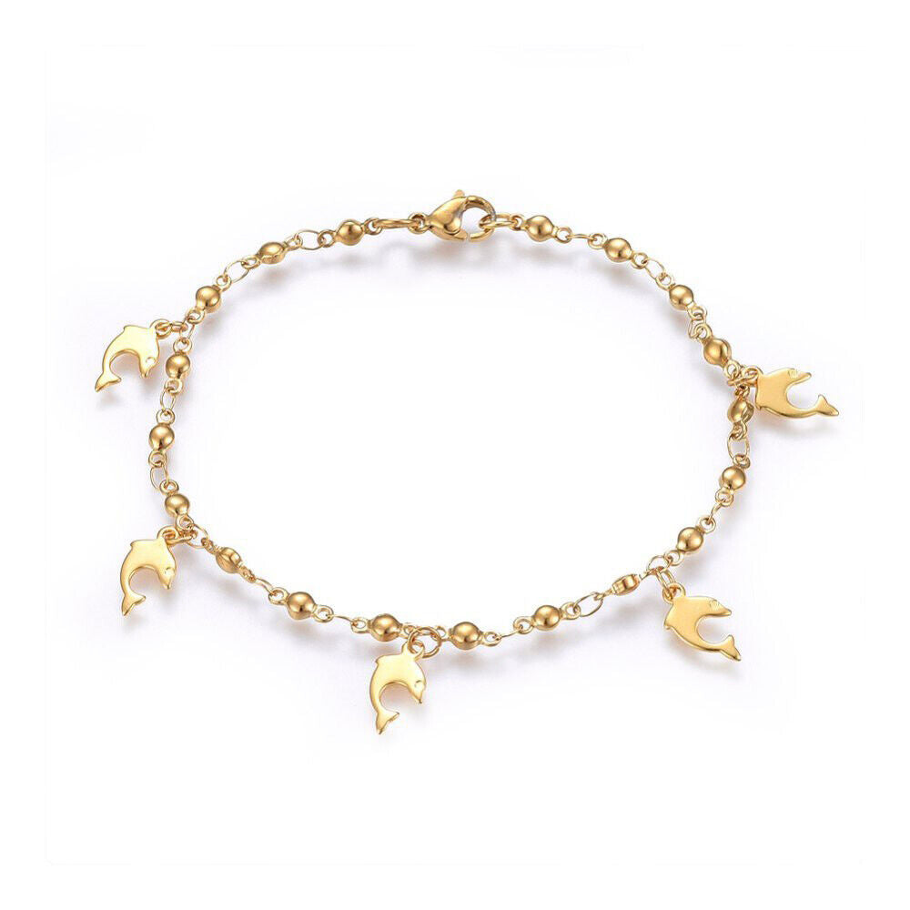 304 Stainless Steel Charm Bracelet Lobster Dolphin Gold 8.2" 3mm A89