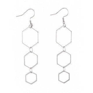 Stainless Steel Dangle Earrings Linking Rings Hexagon Silver 78mm 0.6mm Z413