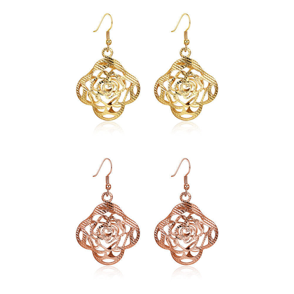 Yellow Rose Gold Plated Earrings Flower Chadelier Fish Hook Clasp L652