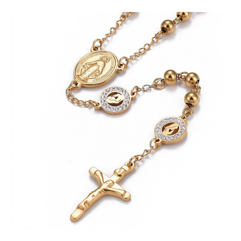 Stainless Steel Rosary Bead Necklace Zirconia Cross Virgin Mary Gold 26.7" A386