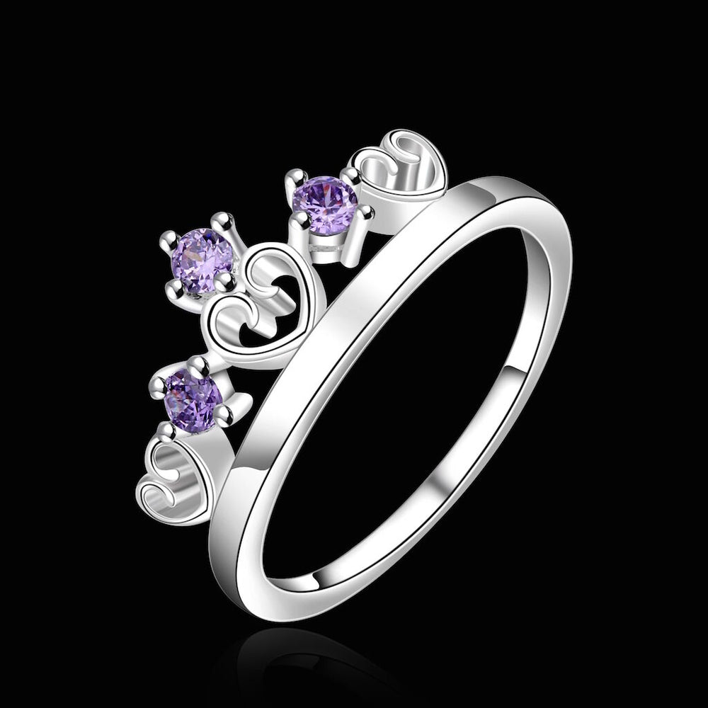 Sterling Silver Plated Purple Zirconia Crown Ring Size 8 B22