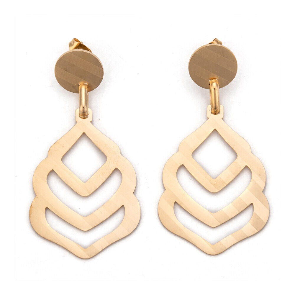 Stainless Steel Dangle Stud Earrings Laser Cut Teardrop Gold 57mm 0.8mm Z340