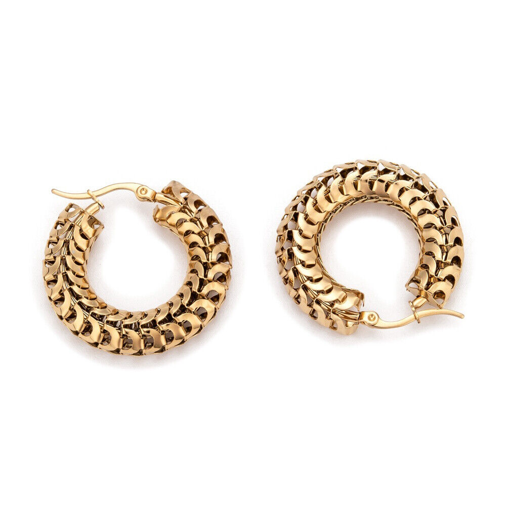 Stainless Steel Mesh Hoop Earrings Hypoallergenic Hollow Gold Z326
