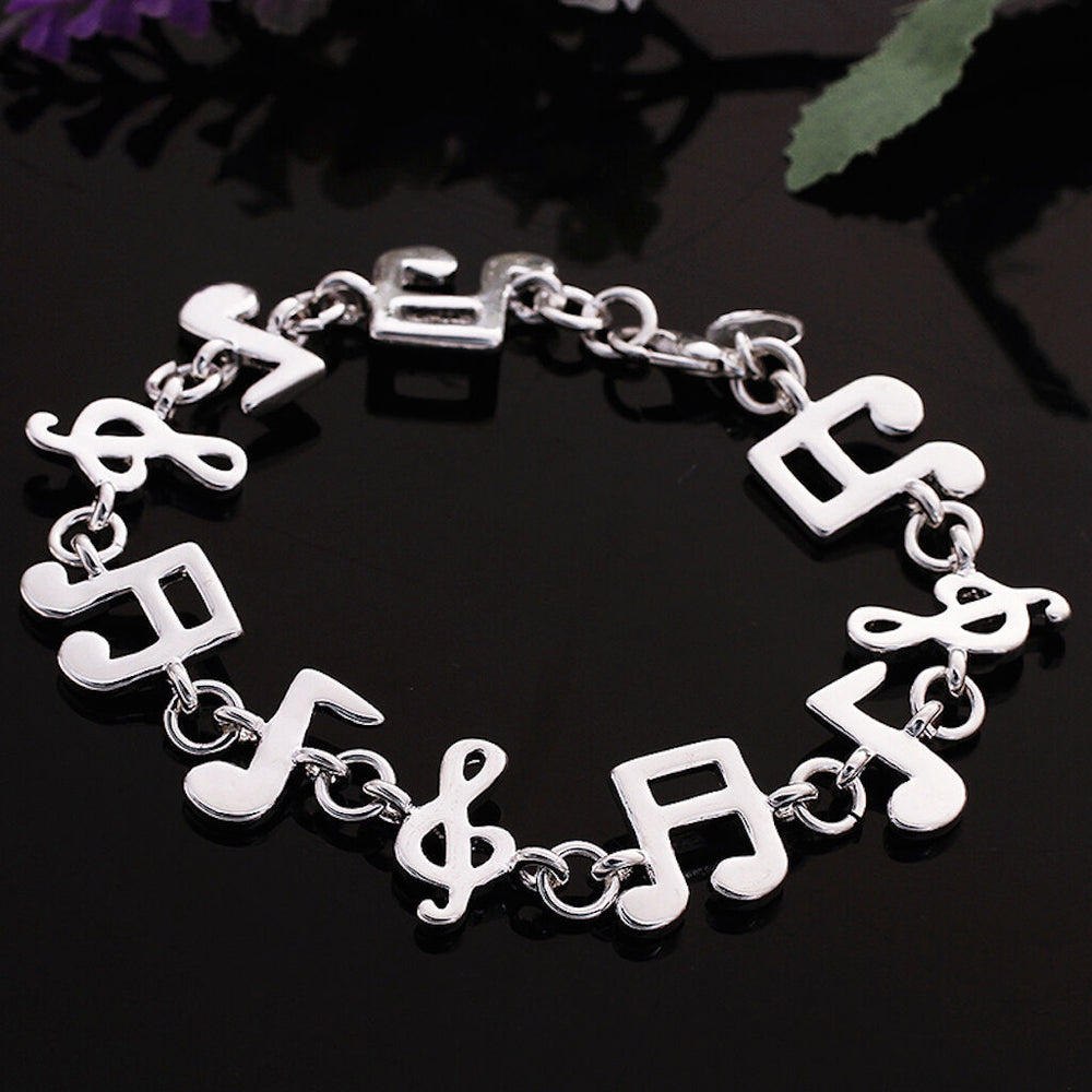Women's Unisex Sterling Silver Plated Silver Bracelet Beads Song Notes Good Luck L40