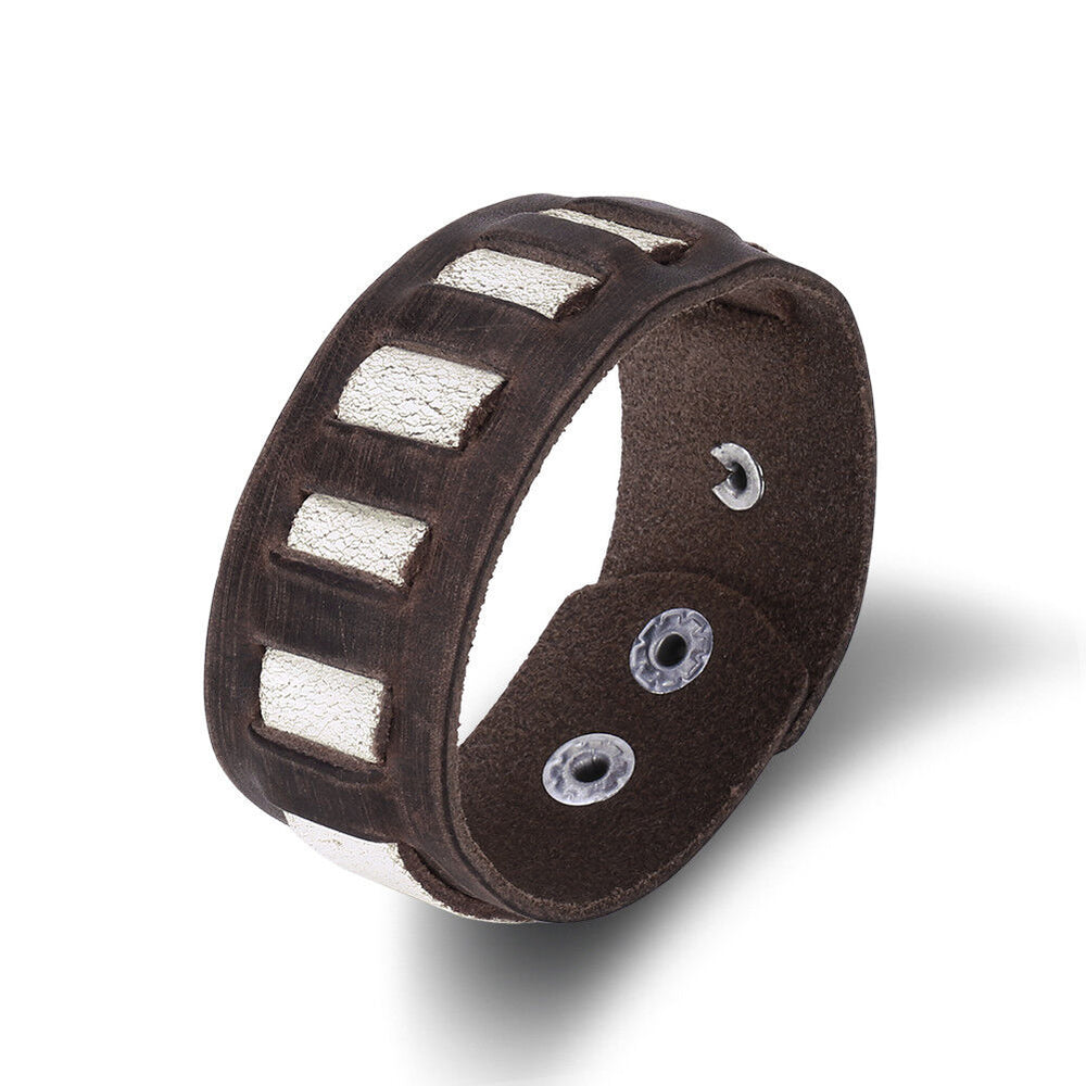 Leather Bracelet Handmade Brown 9 inches 32MM Button Clasp L513