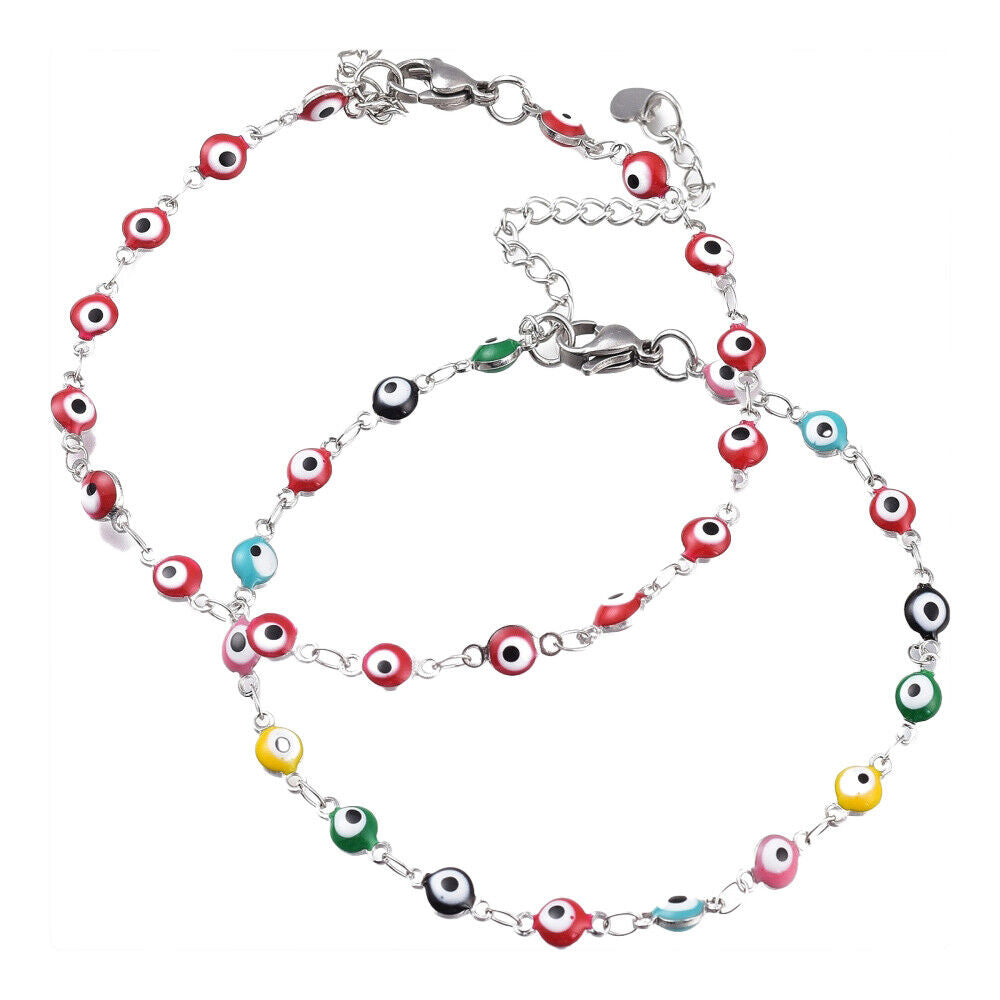 Stainless Steel Bracelet Enamel Lobster Evil Eye Silver Red 7.8" Z188