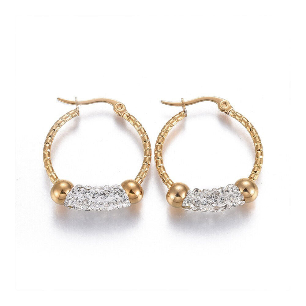 Gold Tone Stainless Steel Hoop Earrings Polymer Clay Zirconia Ring A184
