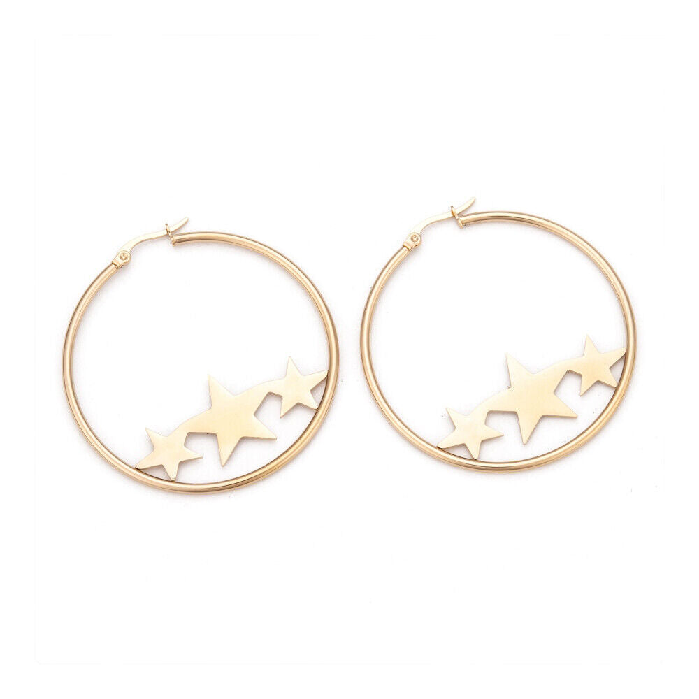 Stainless Steel Hoop Earrings Hypoallergenic Star Gold 12 50x2mm 0.8x1mm Z324