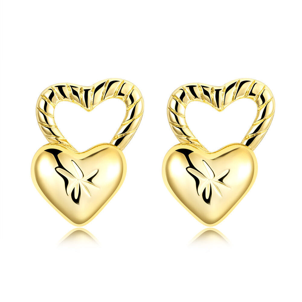 Yellow Gold Plated Earrings Heart Stud Push Back Clasp L495