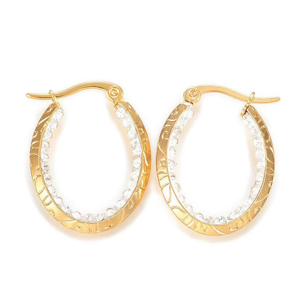 304 Stainless Steel Hoop Earrings Clay Rhinestone Oval Gold 1" Pin 1x0.8mm P593
