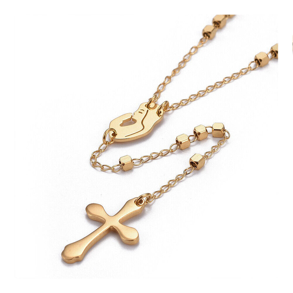 304 Stainless Steel Rosary Bead Necklace Easter Cross Virgin Mary Gold 21" A387
