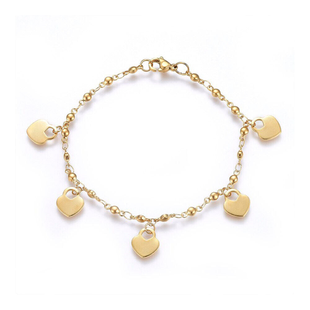 304 Stainless Steel Charm Bracelet Lobster Heart Lock Gold 8.2" 3mm A94