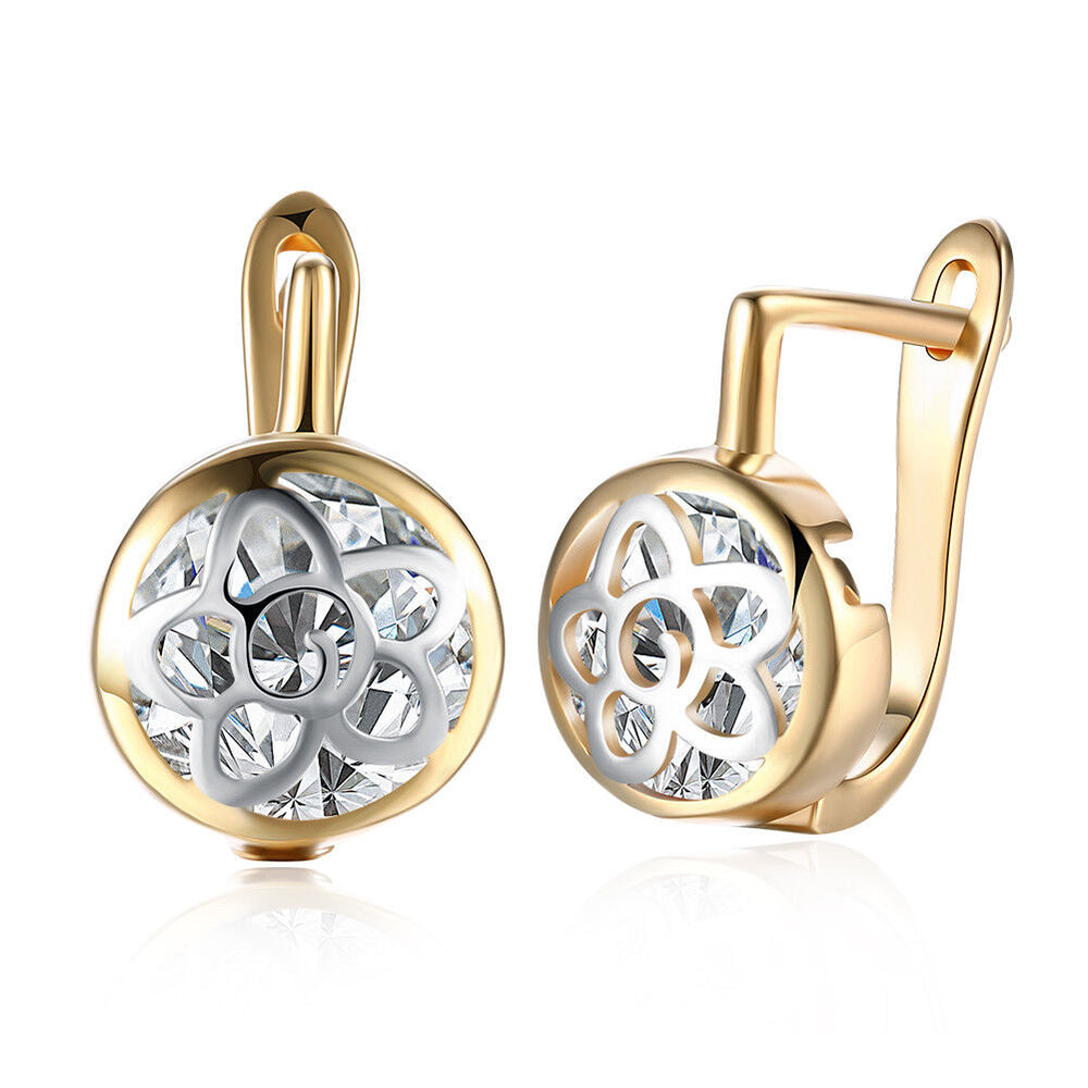 Yellow Gold Plated Earrings Drop Dangle AAA Zirconia Latch Back Clasp L576