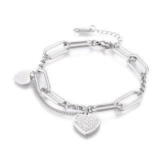 Stainless Steel Charm Bracelet Clay Rhinestone Lobster Heart Silver 6.8" Z174