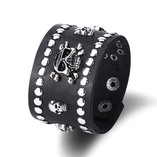 Leather Bracelet Handmade Black 8 Inches 48MM Button Clasp L512