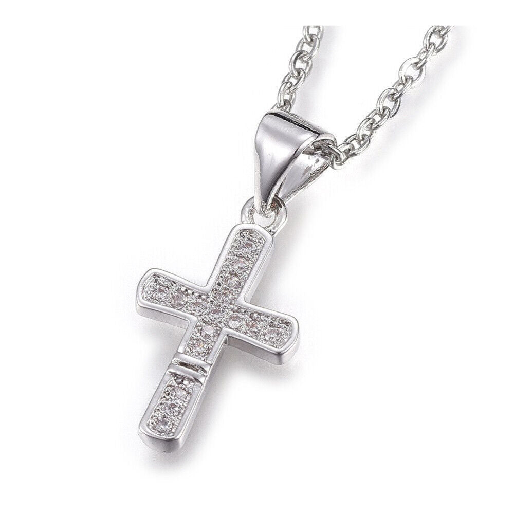 Stainless Steel Pendant Necklace Cross Clear Silver 17.6" 45cm 17x10x1mm Z566