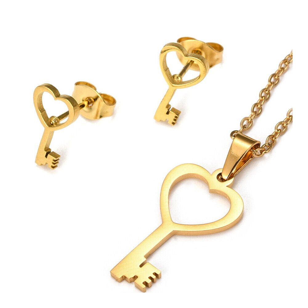 Stainless Steel Set Pendant Necklace Earrings Heart Key 15.7" 0.7mm Z802