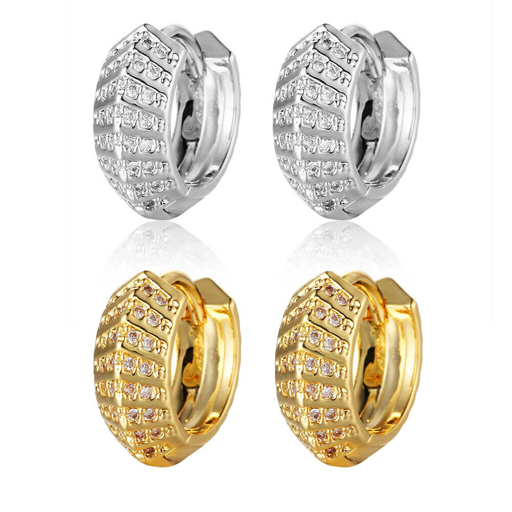 Gold Cubic Zirconia Hoop Earrings Clear Platinum Gold 14x15.5x6mm P179
