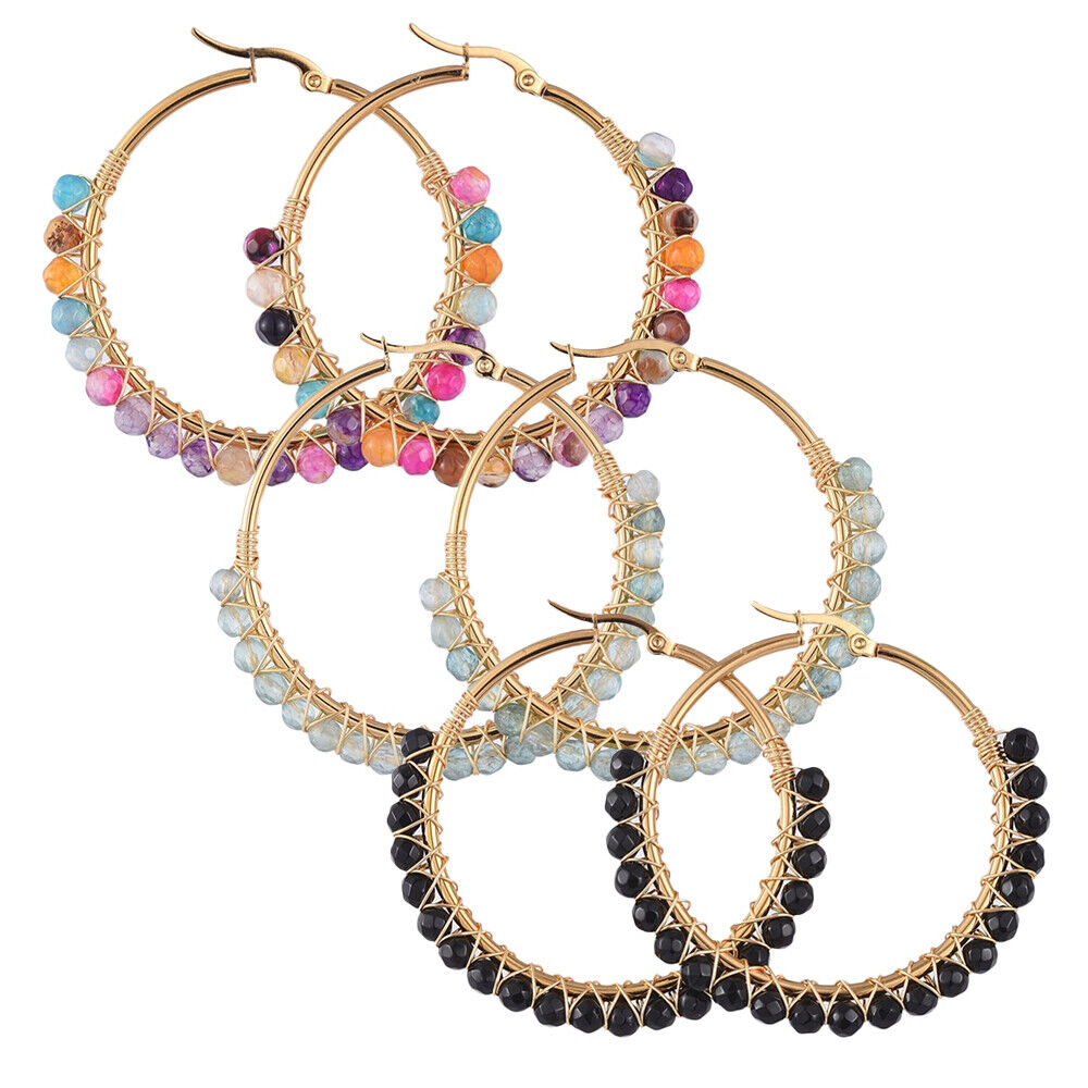 Hoop Earrings Stone Beads Gold Stainless Steel Hoop 50mm Pin 0.6x1mm P602