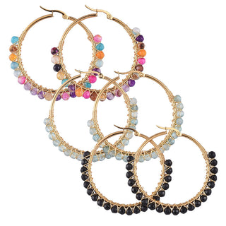 Hoop Earrings Stone Beads Gold Stainless Steel Hoop 50mm Pin 0.6x1mm P602