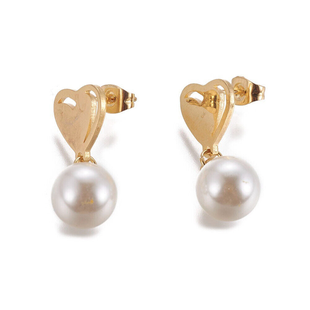 Stainless Steel Dangle Stud Earrings Pearl Heart Gold 26.5mm 0.8mm Z317