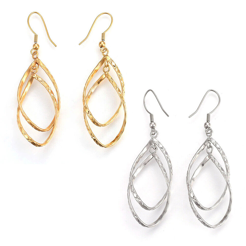 Stainless Steel Dangle Earrings Carved Gold Silver 65mm Pendant 46x19x4mm P155