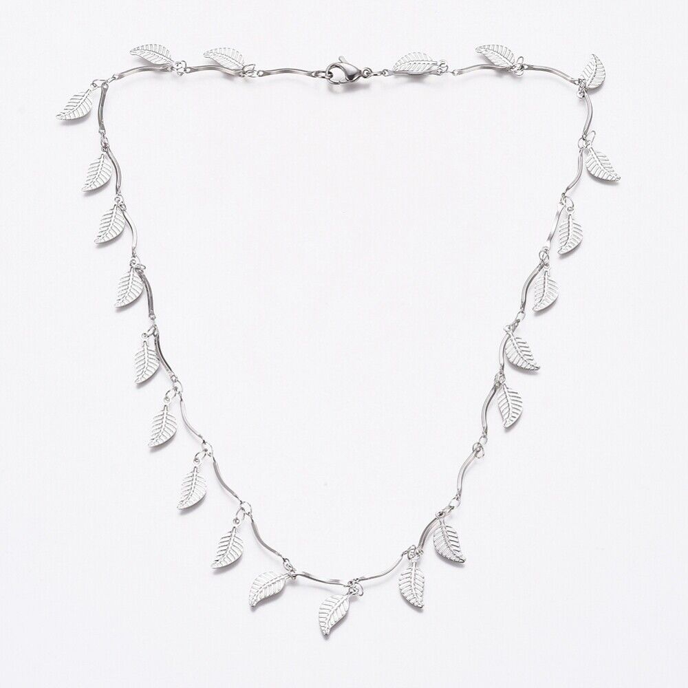 Stainless Steel Leaf Charm Necklace Bar Necklace Lobster Silver 17.5" Z474