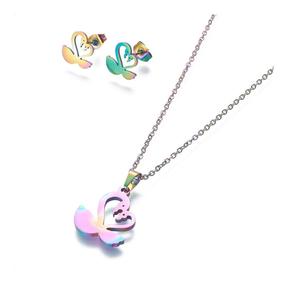 Stainless Steel Set Stud Earring Pendant Necklace Swan 17.7" Pin 0.8mm P485