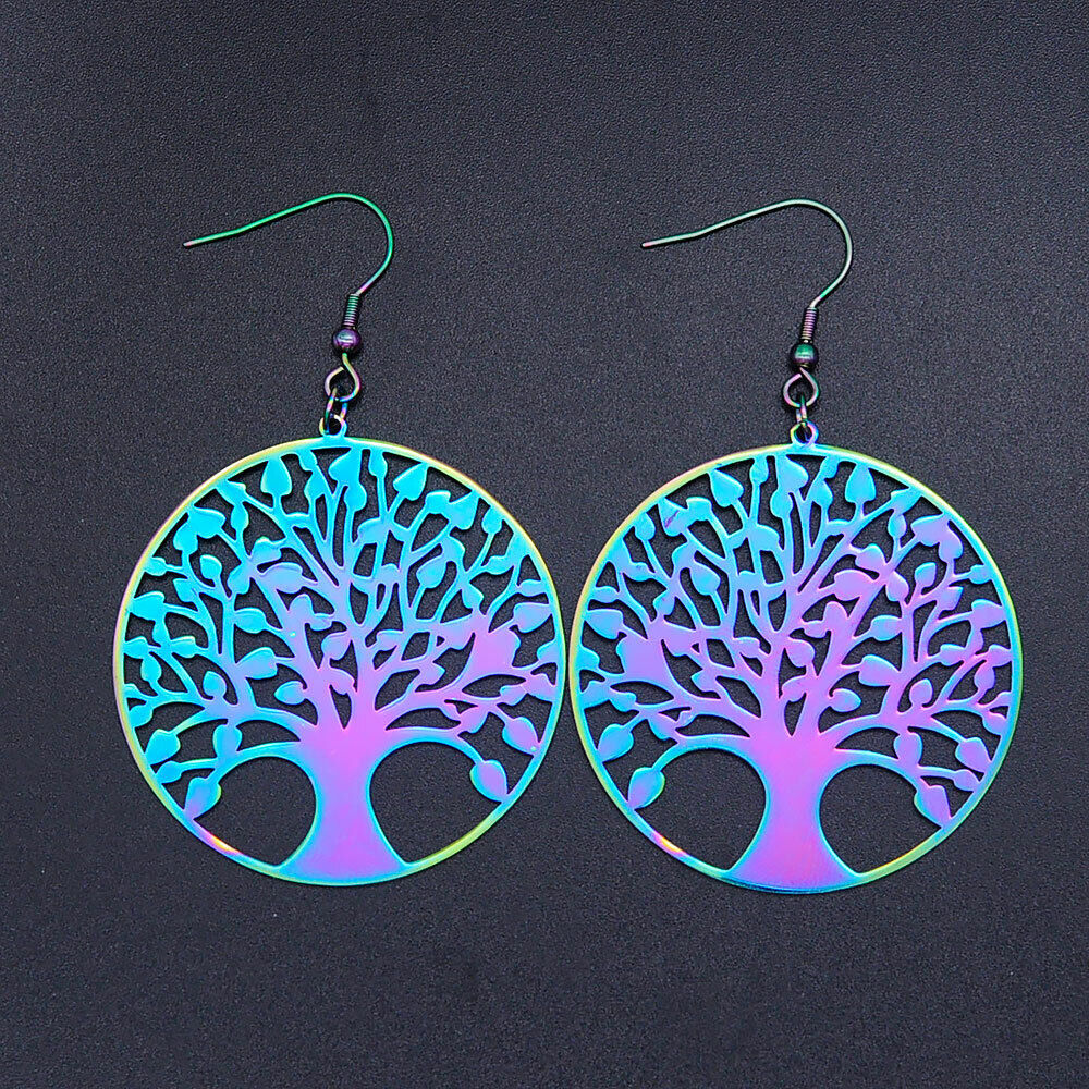 201 Stainless Steel Dangle Earrings Tree of Life Multi-color 71x45m 0.7mm P192