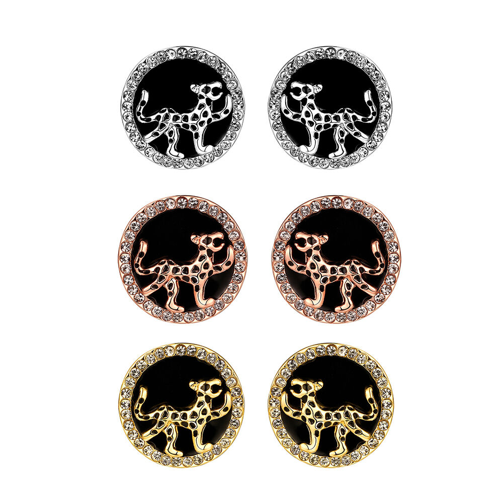 Rose Gold Plated Platinum Black Earrings AAA Zirconia Push Back Jaguar.84" L255