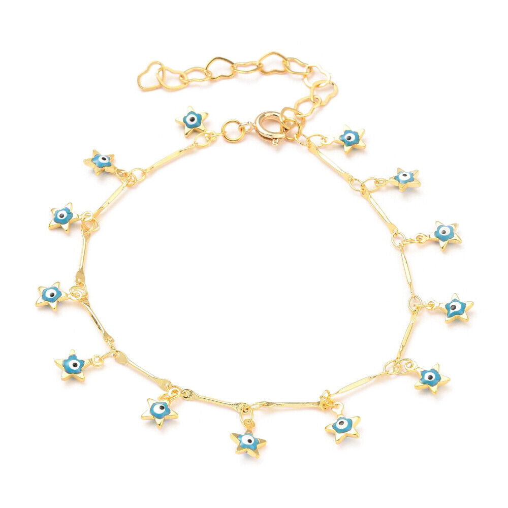 Enamel Charm Bracelet Bar Spring Ring Star Evil Eye Gold 7.7" Z158
