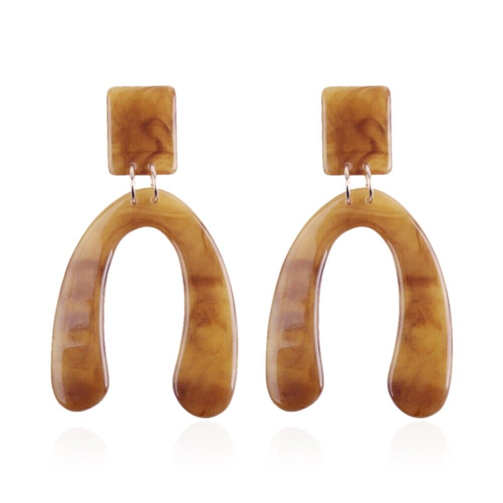 Resin Dangle Earrings Alloy Rectangle Letter U Gold Plated Peru 80x45mm P647