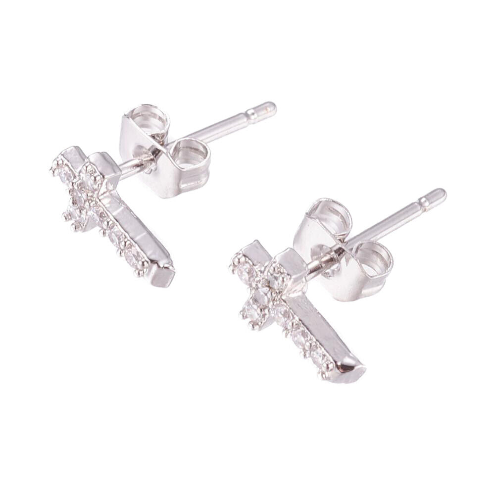 Cubic Zirconia Stud Earrings Ear Nuts Cross Platinum 9x5x2mm pin 1mm P564