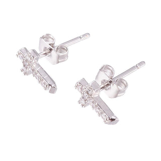 Cubic Zirconia Stud Earrings Ear Nuts Cross Platinum 9x5x2mm pin 1mm P564