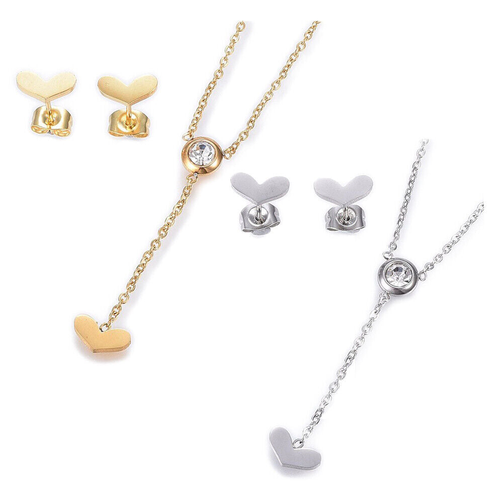 Stainless Steel Set Earrings Pendant Necklace Heart Gold Silver 16.54" P729