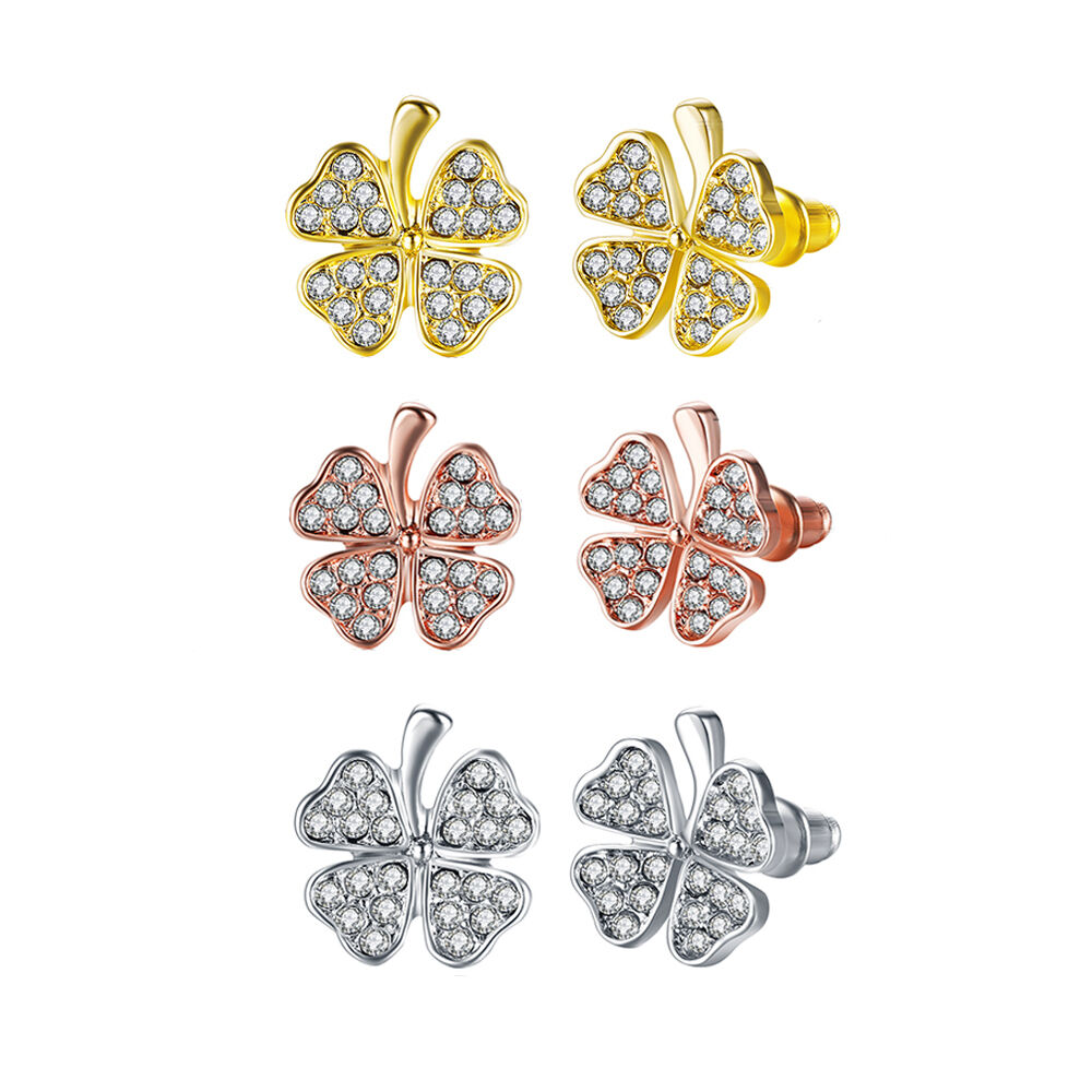 Rose Gold Platinum Plated Earrings Stud AAA Zirconia Push Back Clover .48" L251