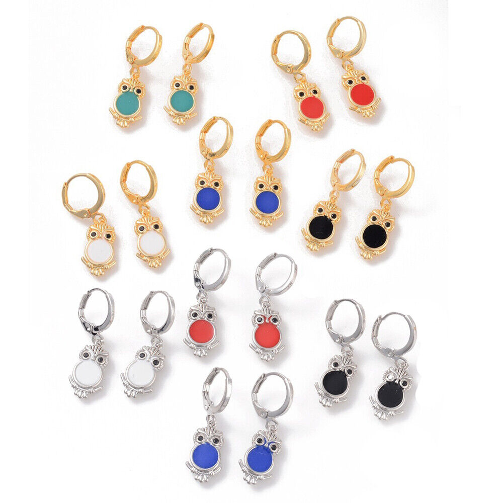 Brass Hoop Earrings Enamel Rhinestone Owl Gold Mixed Color 30mm pin 0.9mm P598