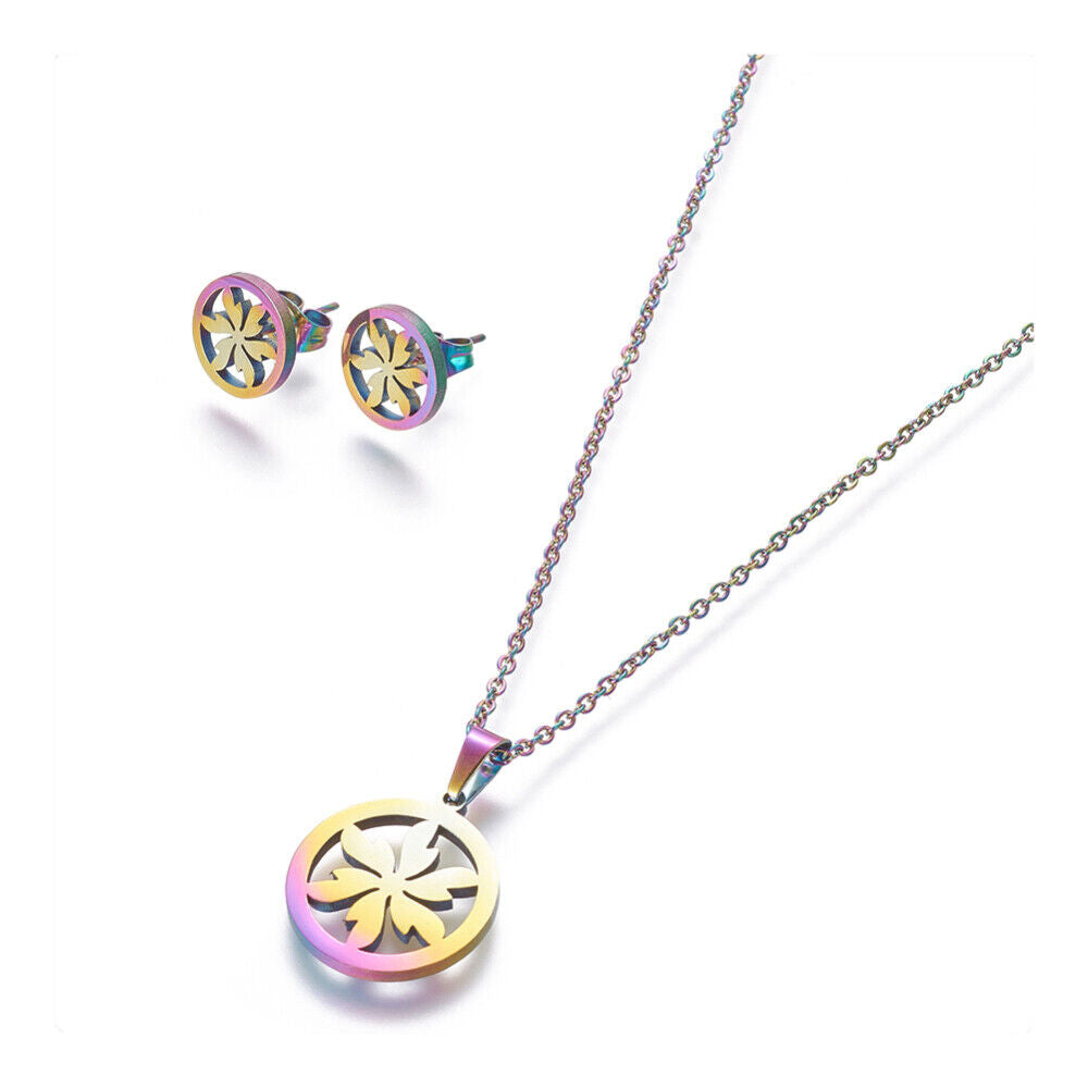 Stainless Steel Set Stud Earring Pendant Necklace Flower 17.7" Pin 0.8mm P480