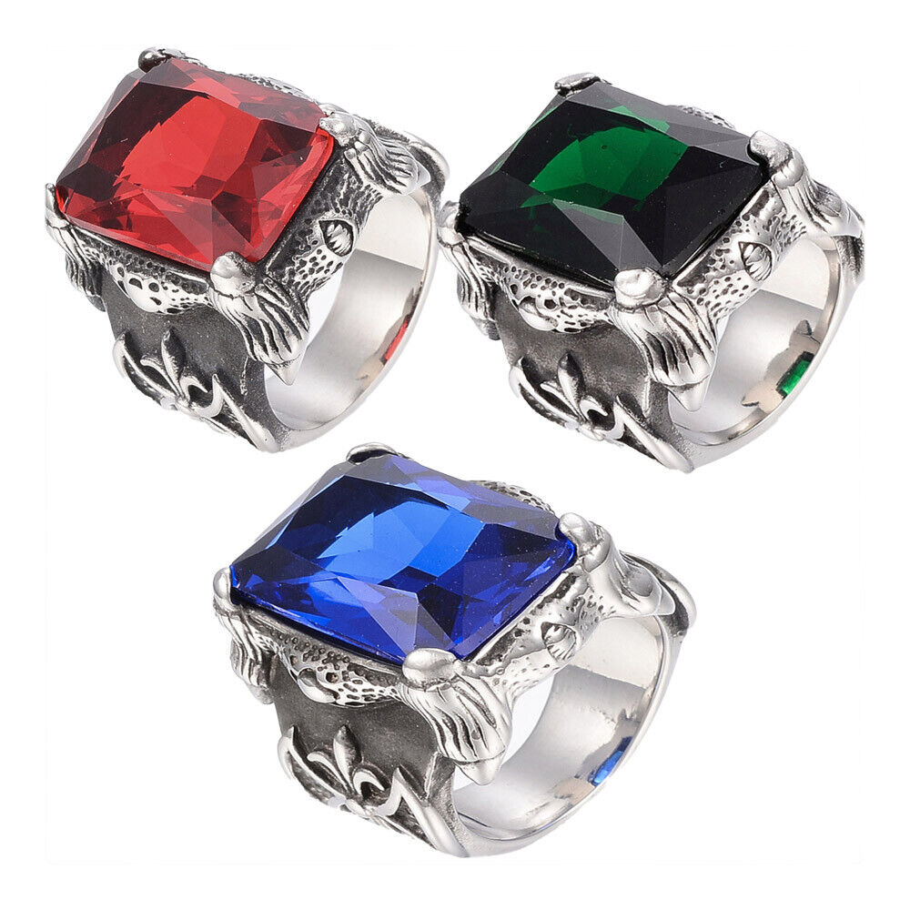 316 Surgical Stainless Steel Ring Cubic Zirconia Rectangle Red 17~22mm Z696