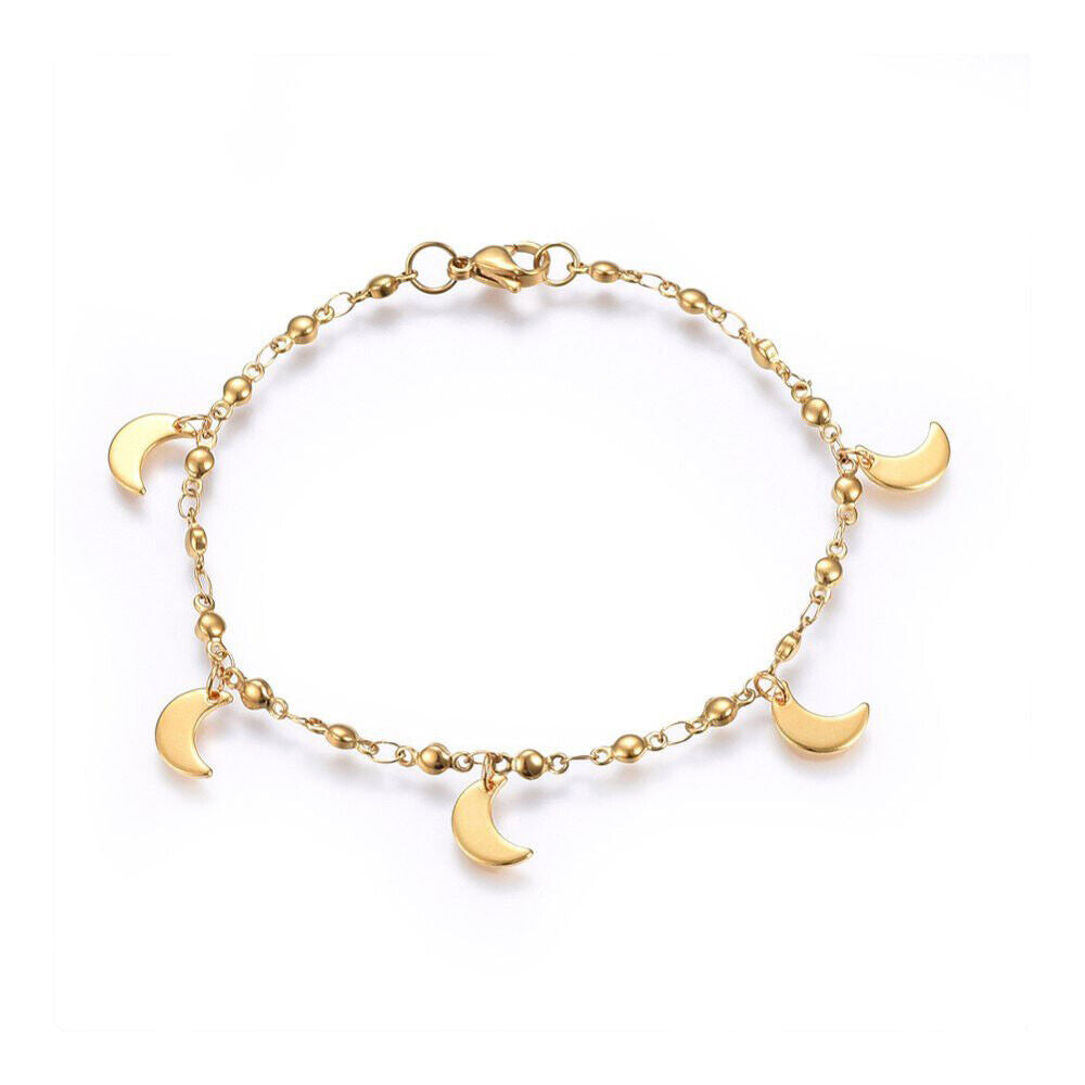 304 Stainless Steel Charm Bracelet Lobster Moon Gold 8.2" 3mm A96