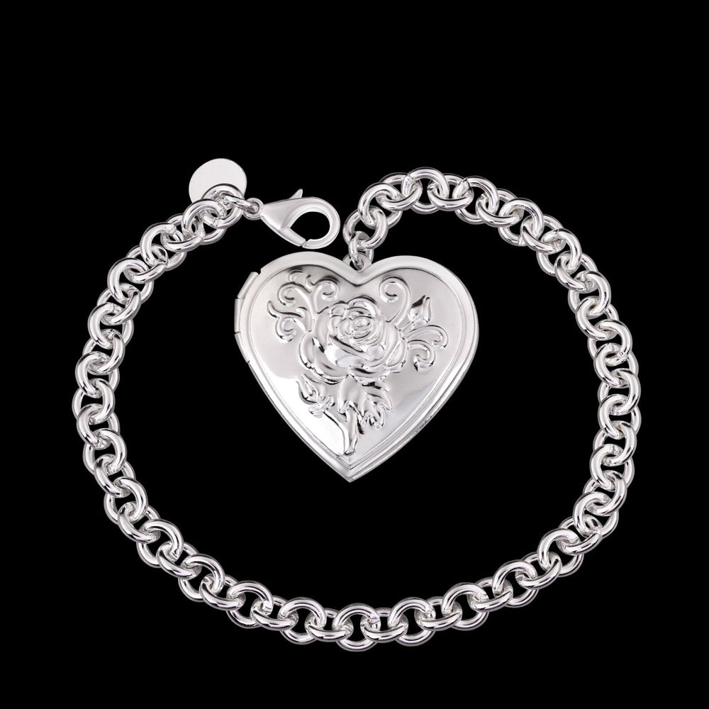 Women Sterling Silver Plated Flower Rose Bracelet 8 Inches 6MM Lobster Clasp L65