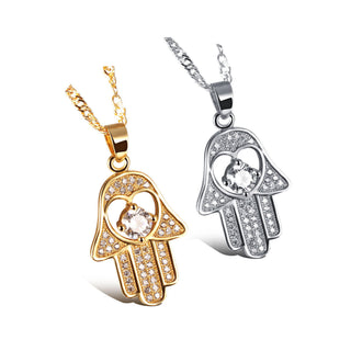 White Gold Plated Necklace Pendant Hamsa Hand Evil Eye Good Luck Zirconia G167