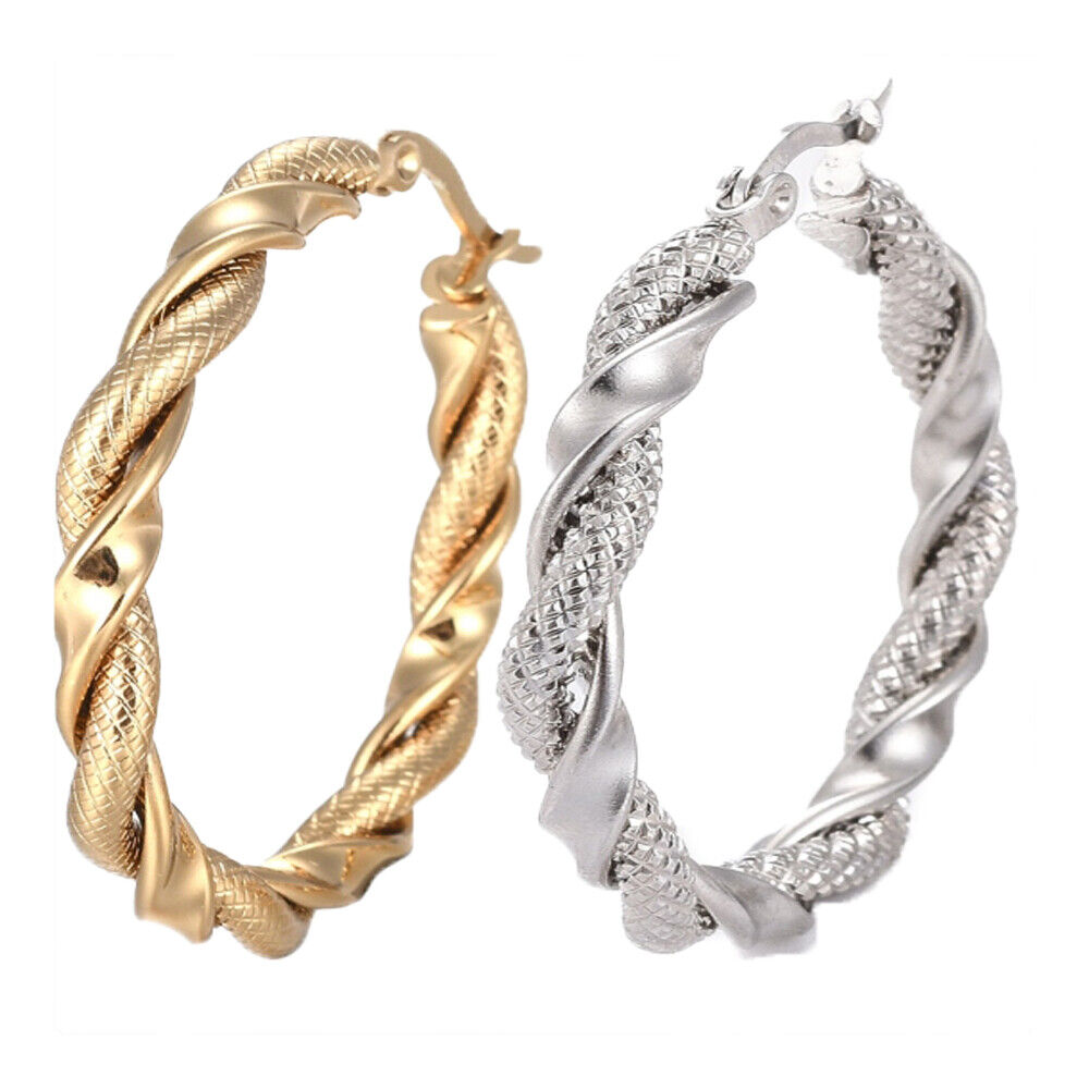 Stainless Steel Hoop Earring Hypoallergenic Ear Nut Twisted Ring Gold Z284