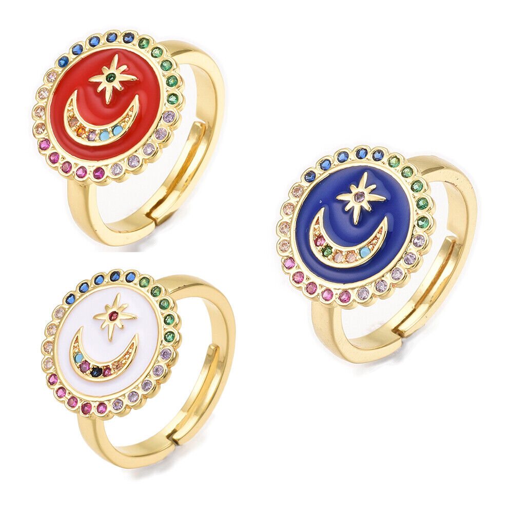 Cubic Zirconia Ring Enamel Moon Star Blue Red White Size 7 Adjustable 17mm P442