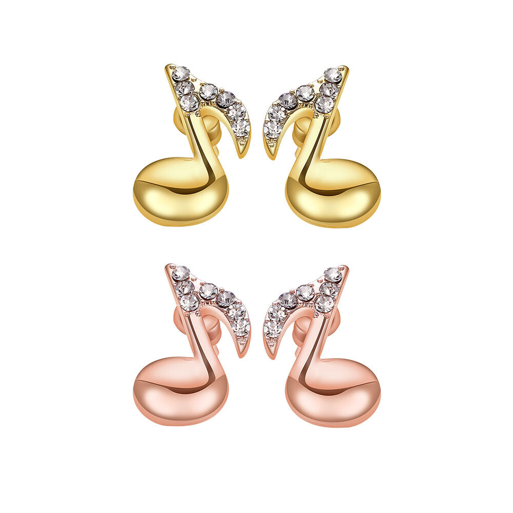 Rose Gold Plated Earrings Stud AAA Zirconia Push Back Music Note .4" L318