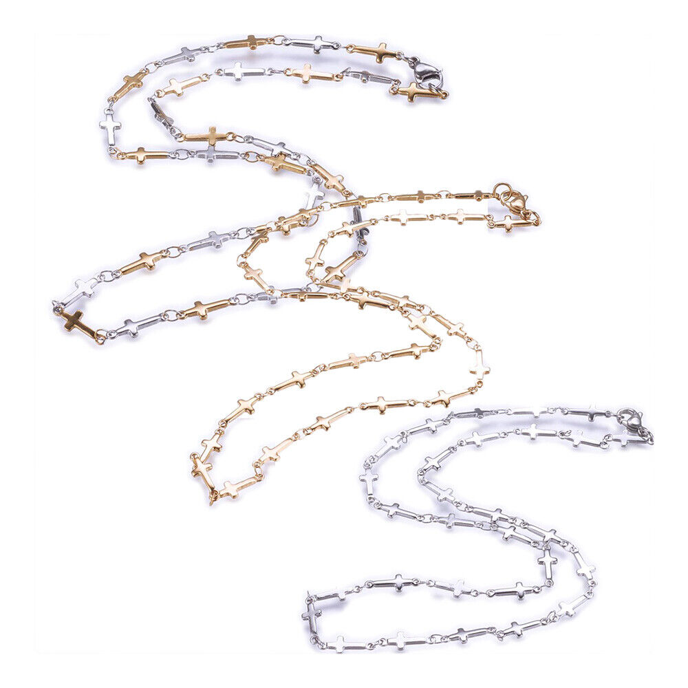 304 Stainless Steel Chain Necklace Lobster Ion Plating Cross Gold 17.5" A423